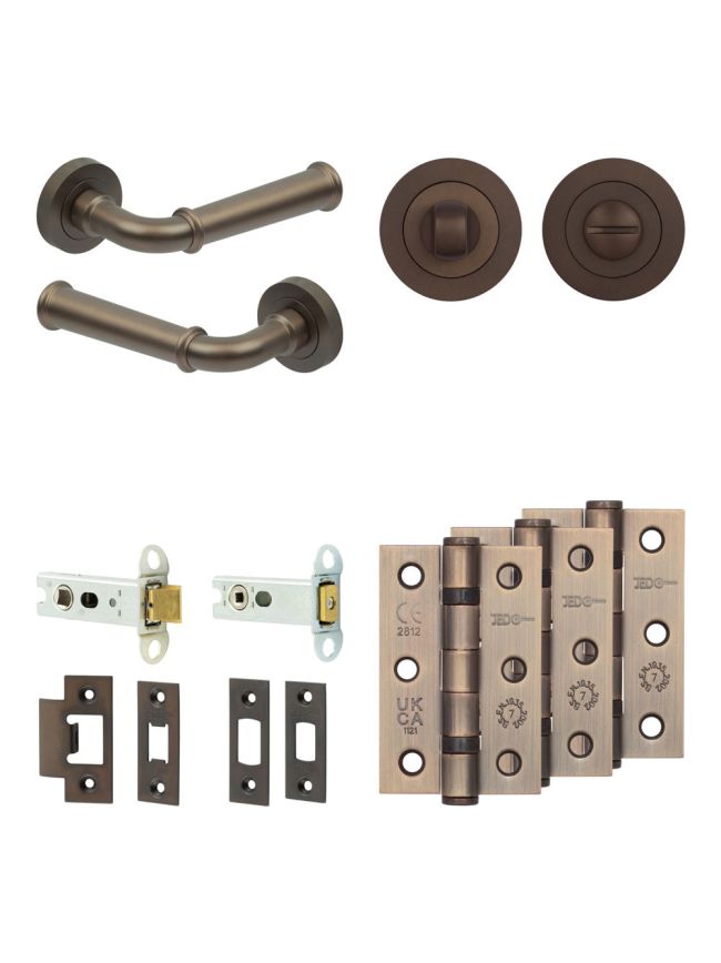 Complete Classic Door Handle Pack - Heavy Duty Tubular Bathroom (Standard Thumb Turn) - Dark Bronze - 76mm / 3-inch Hinges - JE-A31B3-DB