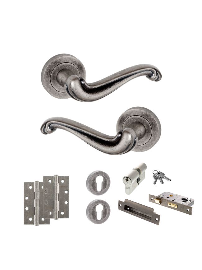 Old English Colchester Door Handle Pack (Euro Lock Set - 3" CE Sashlock, 4" Slim Knuckle Hinges x2) - Distressed Silver