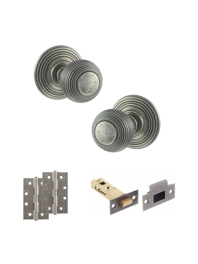 Old English Ripon Door Knob Pack (Latch Set - 4" HD Latch, 4" Slim Knuckle Hinges x2) - Distressed Silver