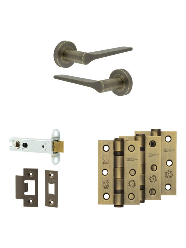 Complete Gio Door Handle Pack - Heavy Duty Latch - Antique Brass - 102mm / 3-inch Hinges - JE-E22B-AB