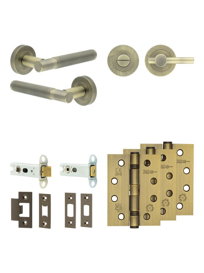 Complete Venice Door Handle Pack - Heavy Duty Tubular Bathroom (Plain Thumb Turn) - Antique Brass - 76mm / 4-inch Hinges - JE-F31A2-AB