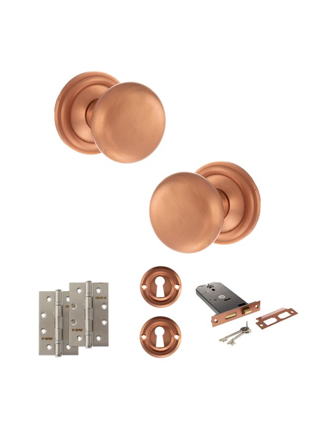 Old English Harrogate Door Knob Pack (Lock Set - Horizontal Sashlock, 4" Slim Knuckle Hinges x2) - Urban Satin Copper