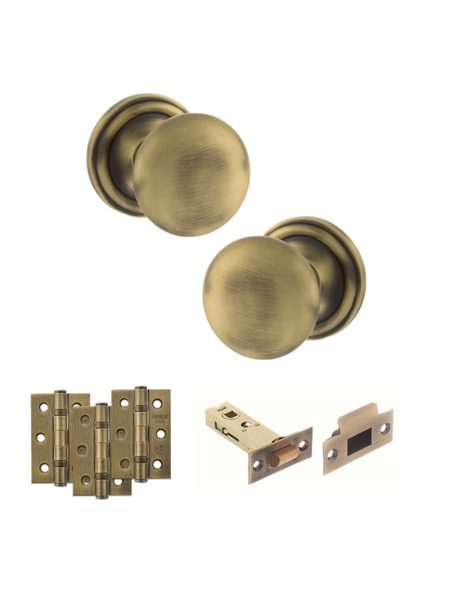 Old English Harrogate Door Knob Pack (Latch Set - 3" HD Latch, 3" Fire Rated Hinges x3) - Matt Antique Brass