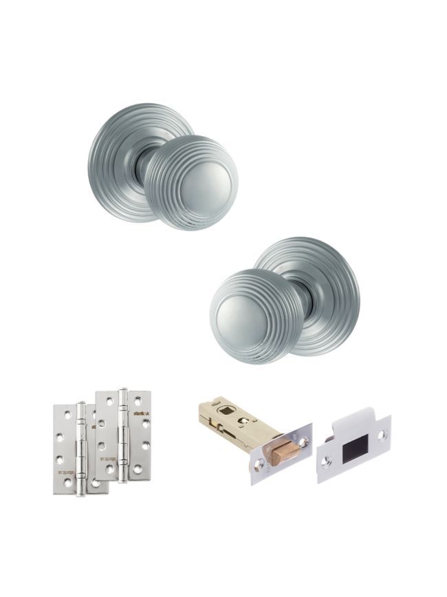 Old English Ripon Door Knob Pack (Latch Set - 3" HD Latch, 4" Slim Knuckle Hinges x2) - Satin Chrome