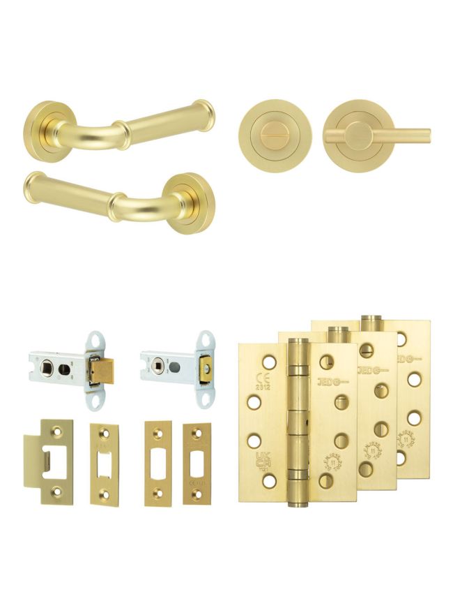 Complete Classic Door Handle Pack - Heavy Duty Tubular Bathroom (Plain Thumb Turn) - Satin Brass - 64mm / 4-inch Hinges - JE-A30A2-SB