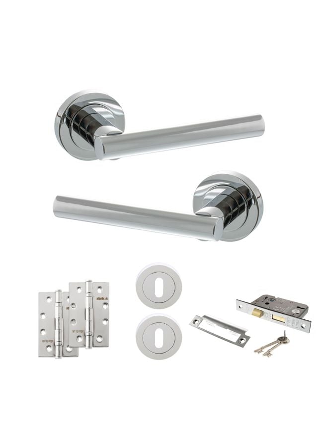 STATUS Nebraska Door Handle Pack (3 Lever Lock Set - 3" CE Sashlock, 4" Slim Knuckle Hinges x2) - Polished Chrome