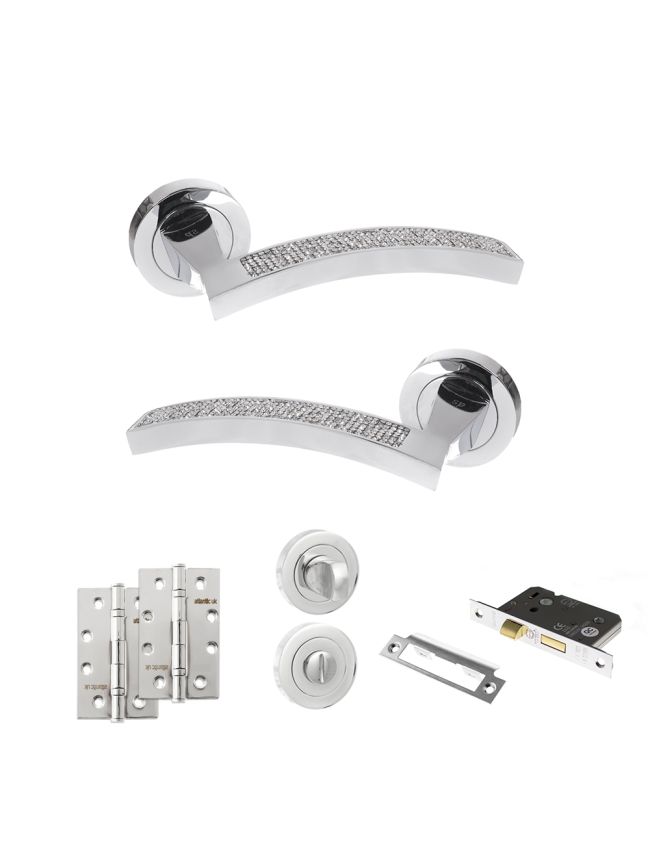 Senza Pari Crystal Door Handle Pack (Bathroom Set - 2.5" CE Bathroom Lock, 4" Slim Knuckle Hinges x2) - Polished Chrome