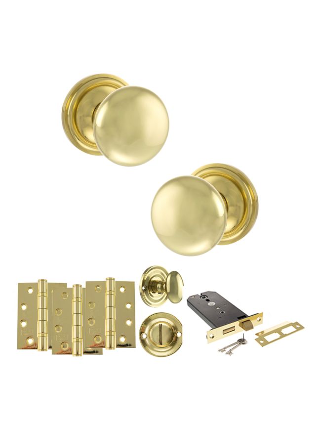 Old English Harrogate Door Knob Pack (Lock Set - Horizontal Bathlock, 4" Fire Rated Hinges x3) - Polished Brass