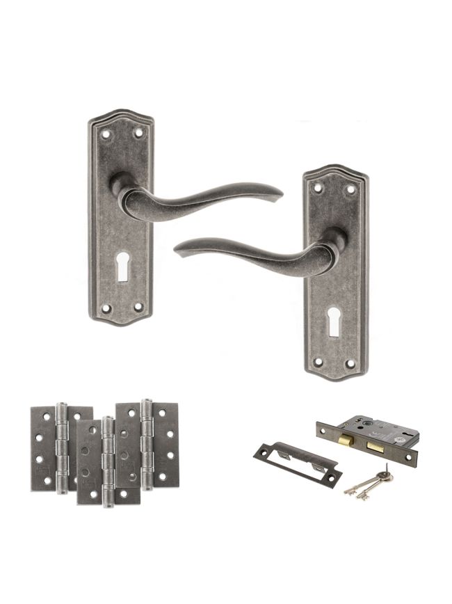 Old English Warwick Door Handle Pack (3 Lever Lock Set - 2.5" CE Sashlock, 4" Fire Rated Hinges x3) - Distressed Silver