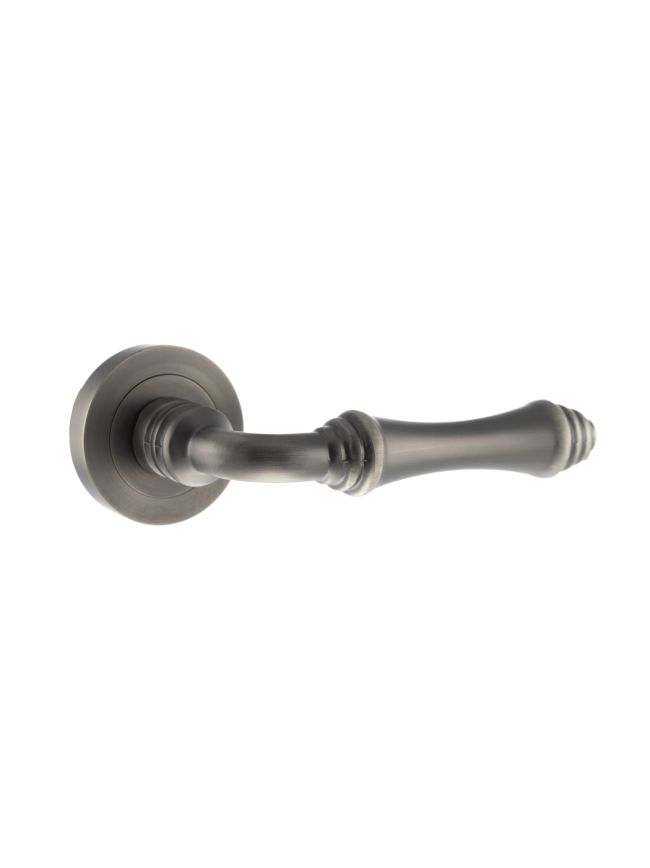 Old English Durham Lever Door Handle on Round Rose - Matt Gun Metal (Pair)