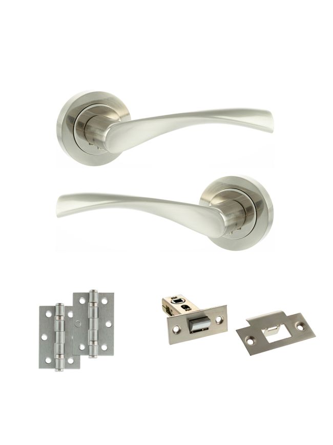 Eco Aqua Door Handle Pack (Latch Set - 2.5" Latch, 3" Hinges x2) - Satin Nickel/Nickel Plate