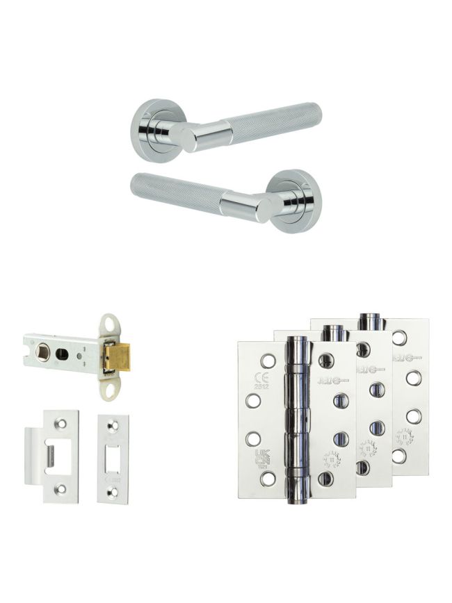 Complete Bari Door Handle Pack - Heavy Duty Latch - Polished Chrome - 76mm / 4-inch Hinges - JE-D21A-PC