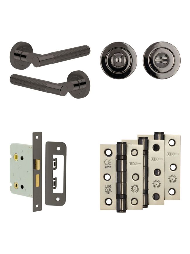 Complete Venice Door Handle Pack - Bathroom Lock (Standard Thumb Turn) - Black Nickel - 76mm / 3-inch Hinges - JE-F6B3-BN