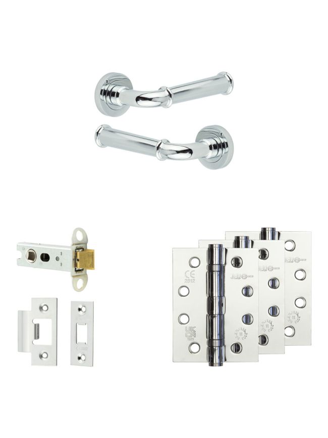 Complete Classic Door Handle Pack - Heavy Duty Latch - Polished Chrome - 76mm / 4-inch Hinges - JE-A21A-PC