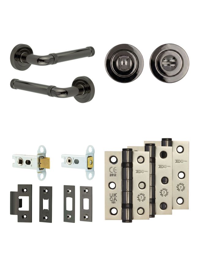 Complete Midtown Door Handle Pack - Heavy Duty Tubular Bathroom (Standard Thumb Turn) - Black Nickel - 64mm / 3-inch Hinges - JE-G30B3-BN