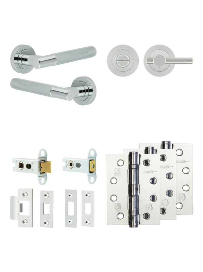 Complete Bari Door Handle Pack - Heavy Duty Tubular Bathroom (Knurled Thumb Turn) - Polished Chrome - 64mm / 4-inch Hinges - JE-D30A1-PC