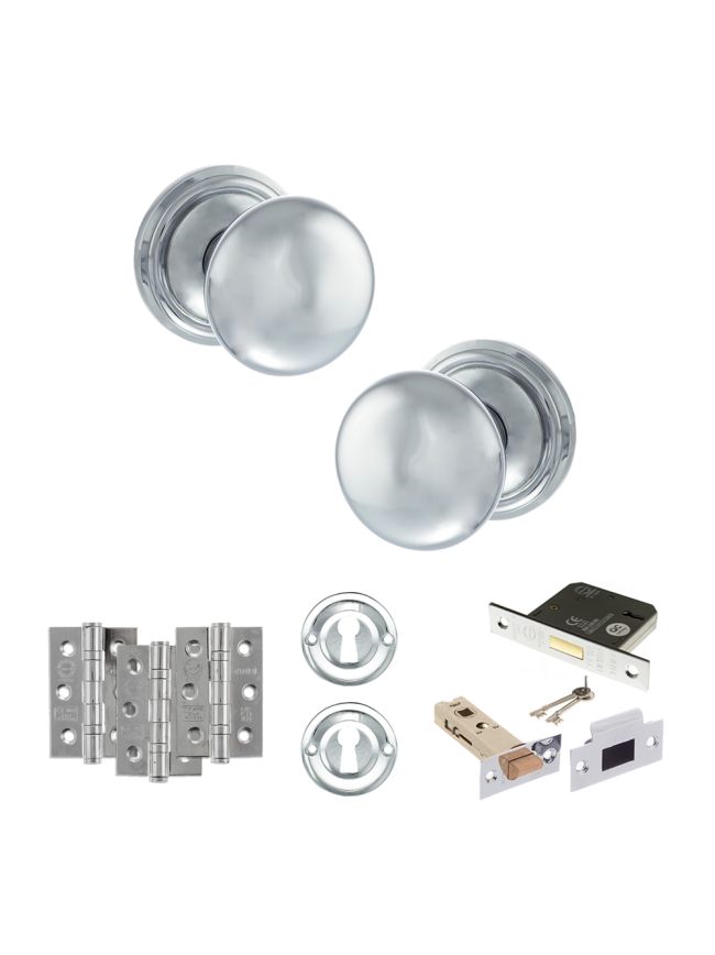 Old English Harrogate Door Knob Pack (Lock Set - 3" Latch & Deadlock, 3" Fire Rated Hinges x3) - Polished Chrome