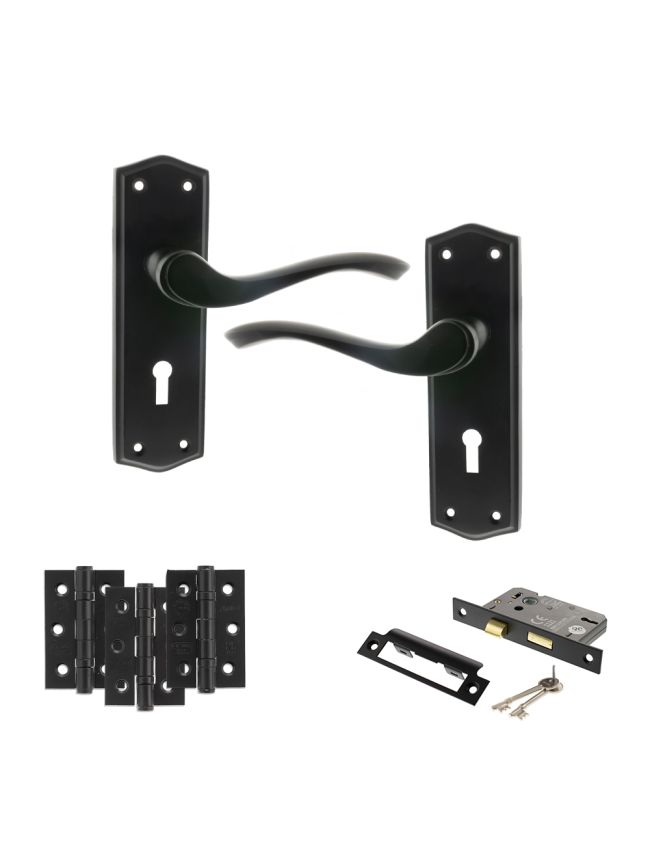 Old English Warwick Door Handle Pack (3 Lever Lock Set - 2.5" CE Sashlock, 3" Fire Rated Hinges x3) - Matt Black