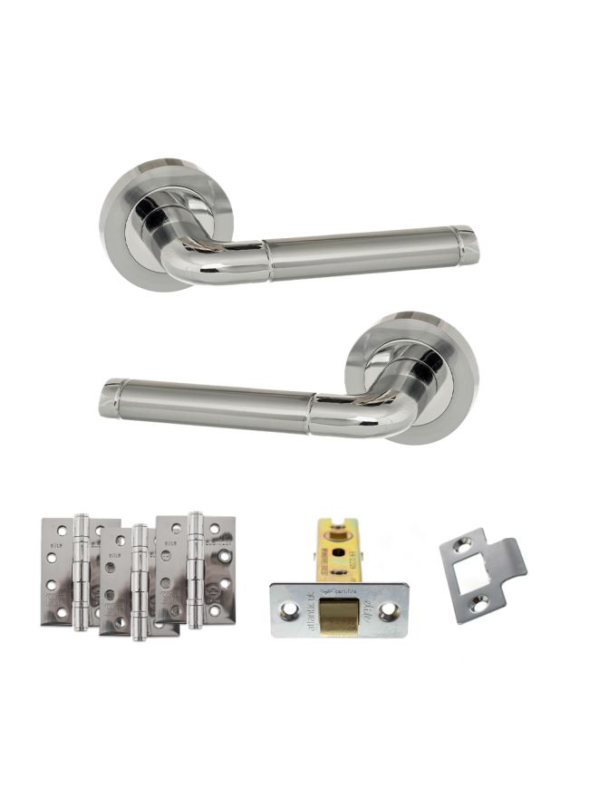 Eco Ocean Door Handle Pack (Latch Set - 3" CE Latch, 4" Fire Rated Hinges x3) - Satin Chrome/Polished Chrome