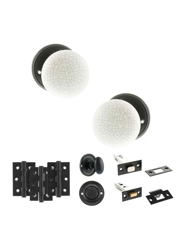 Old English Skipton Door Knob Pack (Bathroom Set - 4" Deadbolt, 3" Fire Rated Hinges x3) - Matt Black