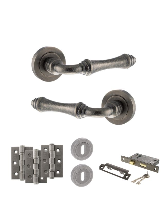 Old English Durham Door Handle Pack (3 Lever Lock Set - 3" CE Sashlock, 3" Fire Rated Hinges x3) - Distressed Silver