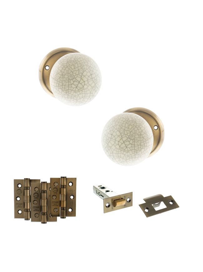 Old English Skipton Door Knob Pack (Latch Set - 4" HD Latch, 3" Fire Rated Hinges x3) - Antique Brass