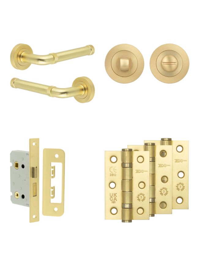 Complete Midtown Door Handle Pack - Bathroom Lock (Standard Thumb Turn) - Satin Brass - 65mm / 3-inch Hinges - JE-G5B3-SB