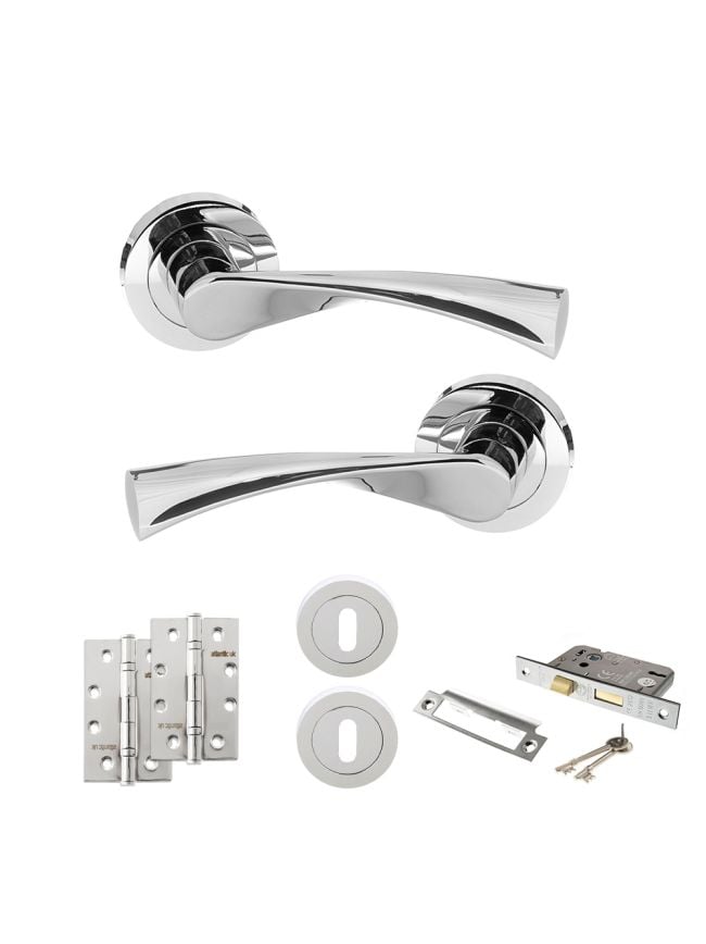 STATUS Colorado Door Handle Pack (3 Lever Lock Set - 3" CE Sashlock, 4" Slim Knuckle Hinges x2) - Polished Chrome