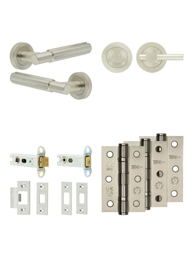 Complete Bloom Door Handle Pack - Heavy Duty Tubular Bathroom (Plain Thumb Turn) - Satin Nickel - 76mm / 3-inch Hinges - JE-B31B2-SN