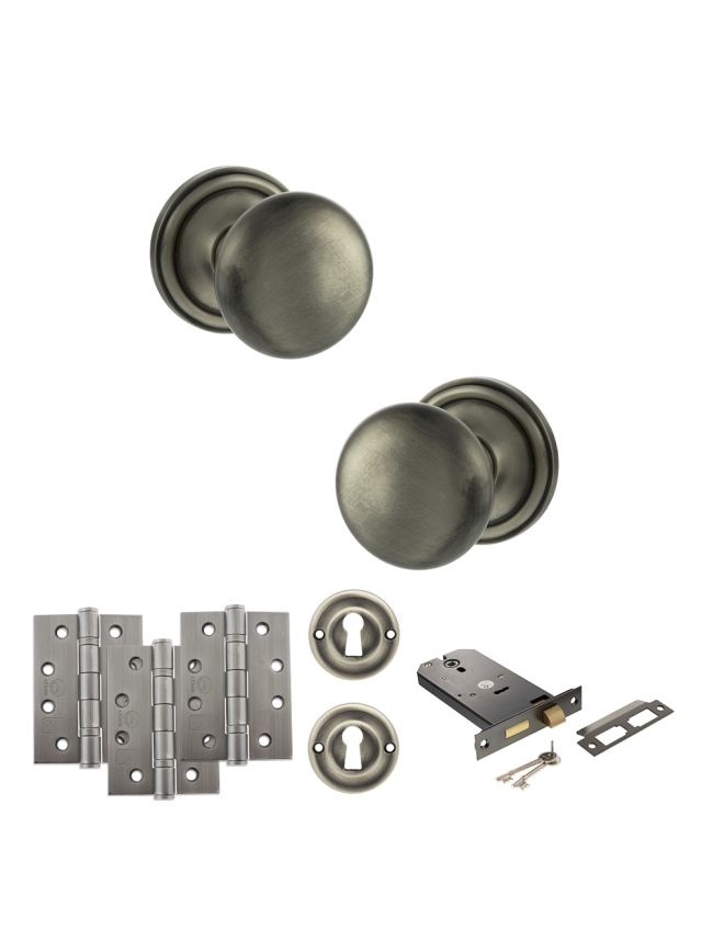 Old English Harrogate Door Knob Pack (Lock Set - Horizontal Sashlock, 4" Fire Rated Hinges x3) - Matt Gun Metal
