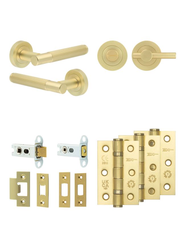 Complete Venice Door Handle Pack - Heavy Duty Tubular Bathroom (Plain Thumb Turn) - Satin Brass - 64mm / 3-inch Hinges - JE-F30B2-SB