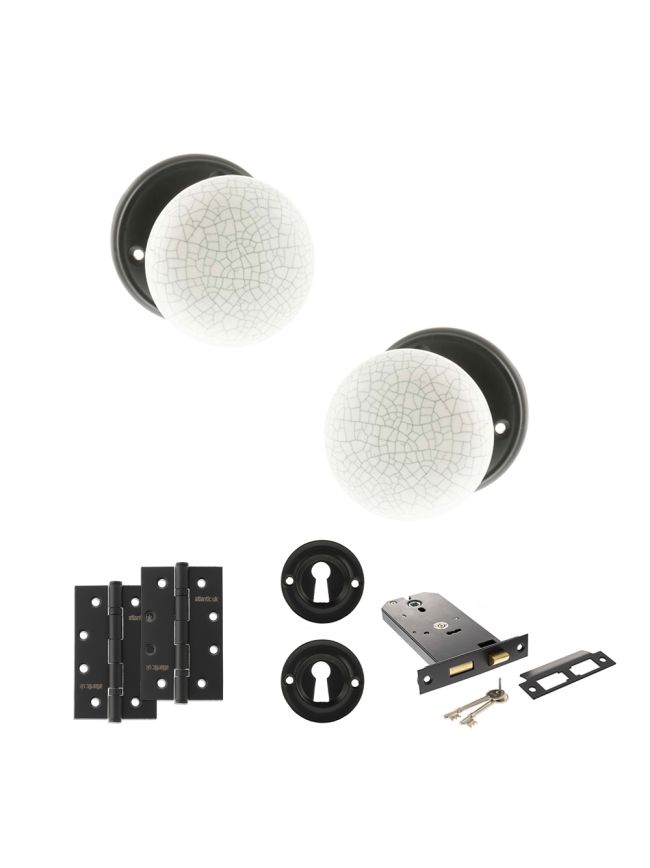 Old English Skipton Door Knob Pack (Lock Set - Horizontal Sashlock, 4" Slim Knuckle Hinges x2) - Matt Black