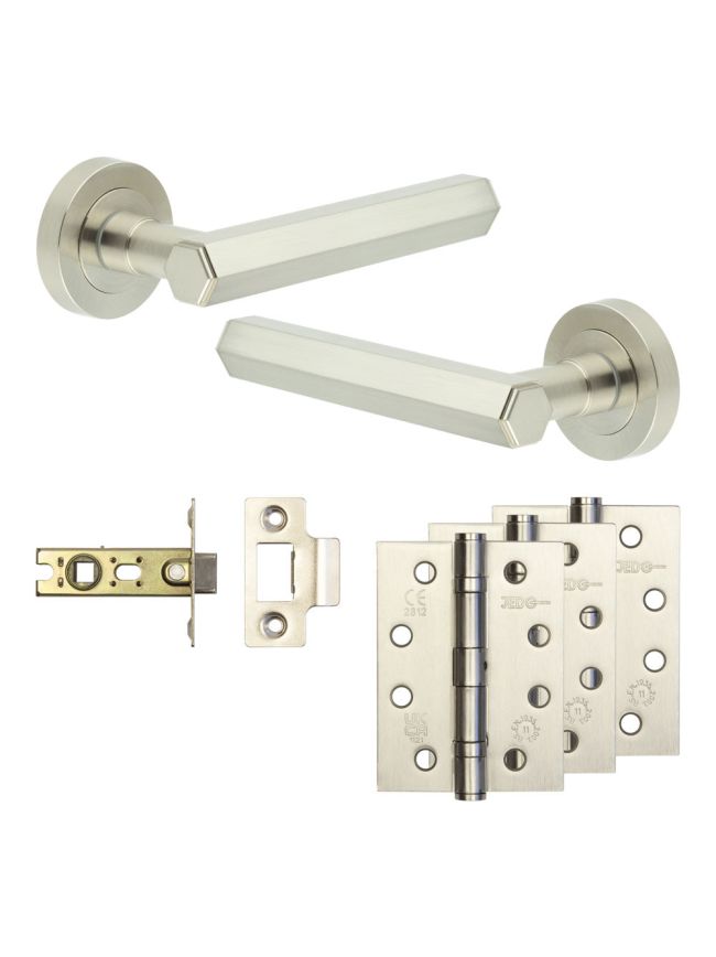 Complete Hex Door Handle Pack - Internal Doors - Satin Nickel - 64mm / 4-inch Hinges - JE-C1A-SN