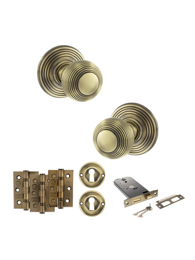 Old English Ripon Door Knob Pack (Lock Set - Horizontal Sashlock, 3" Fire Rated Hinges x3) - Antique Brass
