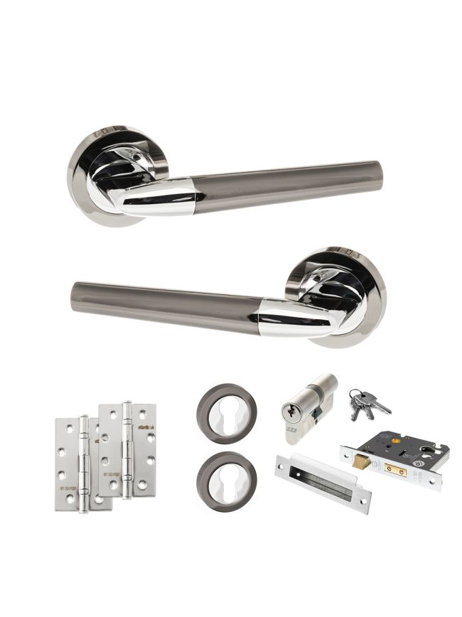 STATUS Tennessee Door Handle Pack (Euro Lock Set - 3" CE Sashlock, 4" Slim Knuckle Hinges x2) - Black Nickel/Polished Chrome