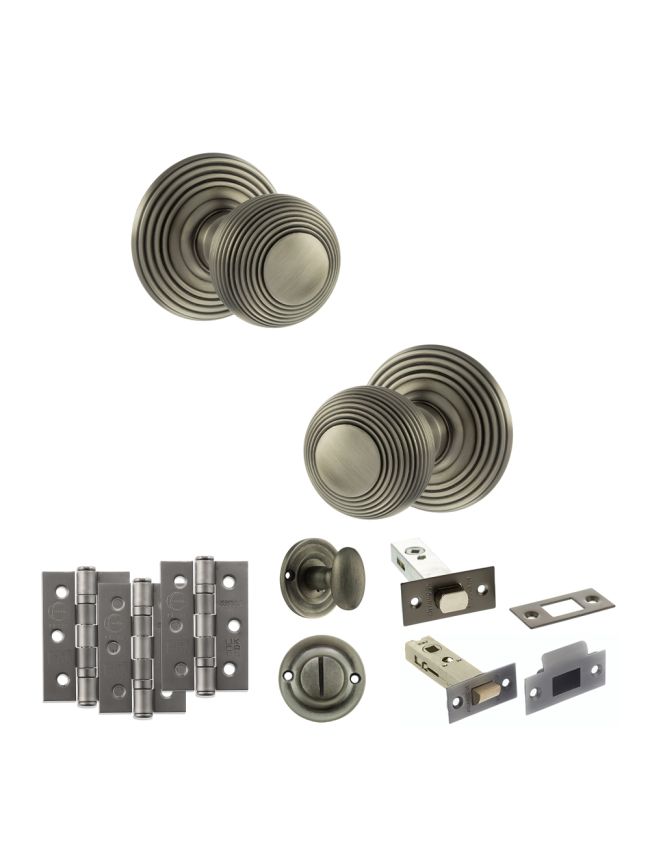Old English Ripon Door Knob Pack (Bathroom Set - 3" Deadbolt, 3" Fire Rated Hinges x3) - Matt Gun Metal