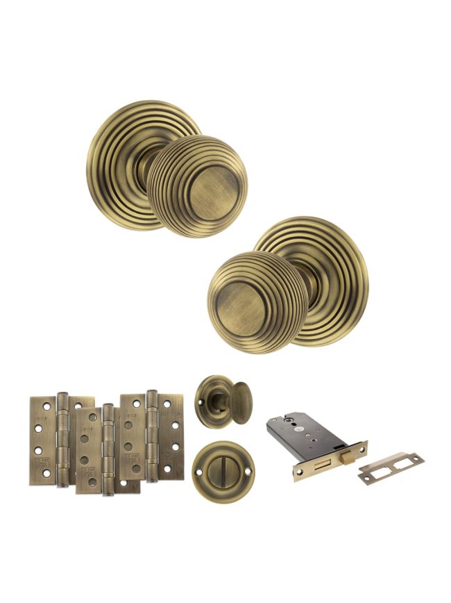 Old English Ripon Door Knob Pack (Lock Set - Horizontal Bathlock, 4" Fire Rated Hinges x3) - Matt Antique Brass