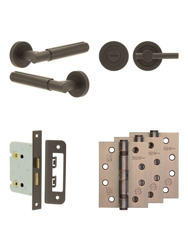 Complete Bloom Door Handle Pack - Bathroom Lock (Plain Thumb Turn) - Dark Bronze - 76mm / 4-inch Hinges - JE-B6A2-DB