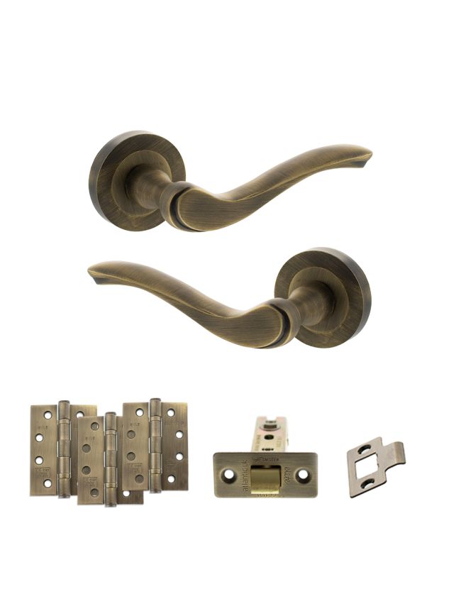 Old English Warwick Door Handle Pack (Latch Set - 3" CE Latch, 4" Fire Rated Hinges x3) - Matt Antique Brass