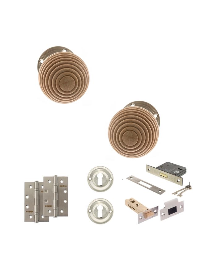 Old English Bridlington Door Knob Pack (Lock Set - 3" Latch & Deadlock, 4" Slim Knuckle Hinges x2) - Satin Nickel