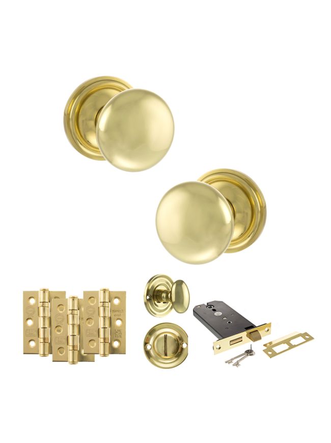 Old English Harrogate Door Knob Pack (Lock Set - Horizontal Bathlock, 3" Fire Rated Hinges x3) - Polished Brass