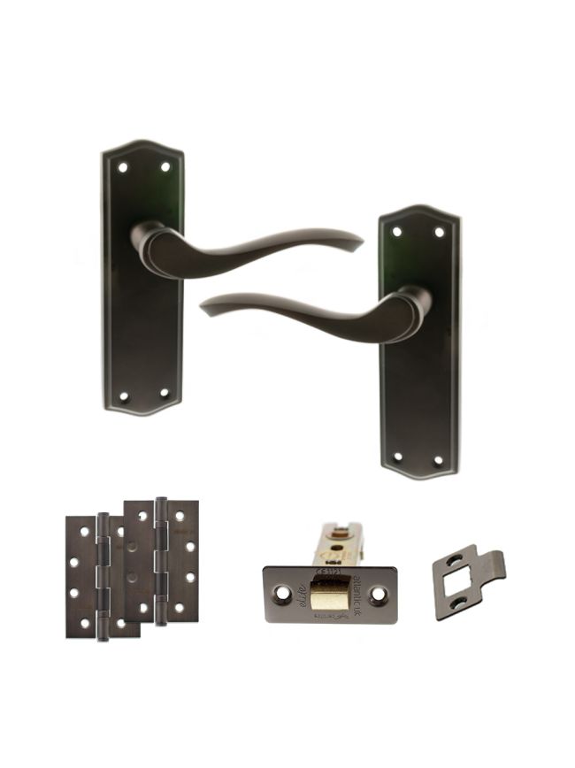 Old English Warwick Door Handle Pack (Latch Set - 2.5" CE Latch, 4" Slim Knuckle Hinges x2) - Urban Dark Bronze