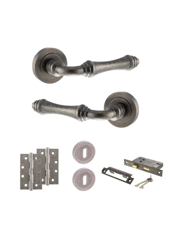 Old English Durham Door Handle Pack (3 Lever Lock Set - 2.5" CE Sashlock, 4" Slim Knuckle Hinges x2) - Distressed Silver