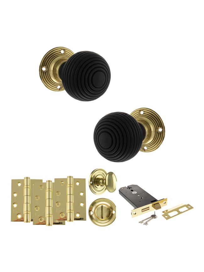 Old English Whitby Door Knob Pack (Lock Set - Horizontal Bathlock, 4" Fire Rated Hinges x3) - Polished Brass