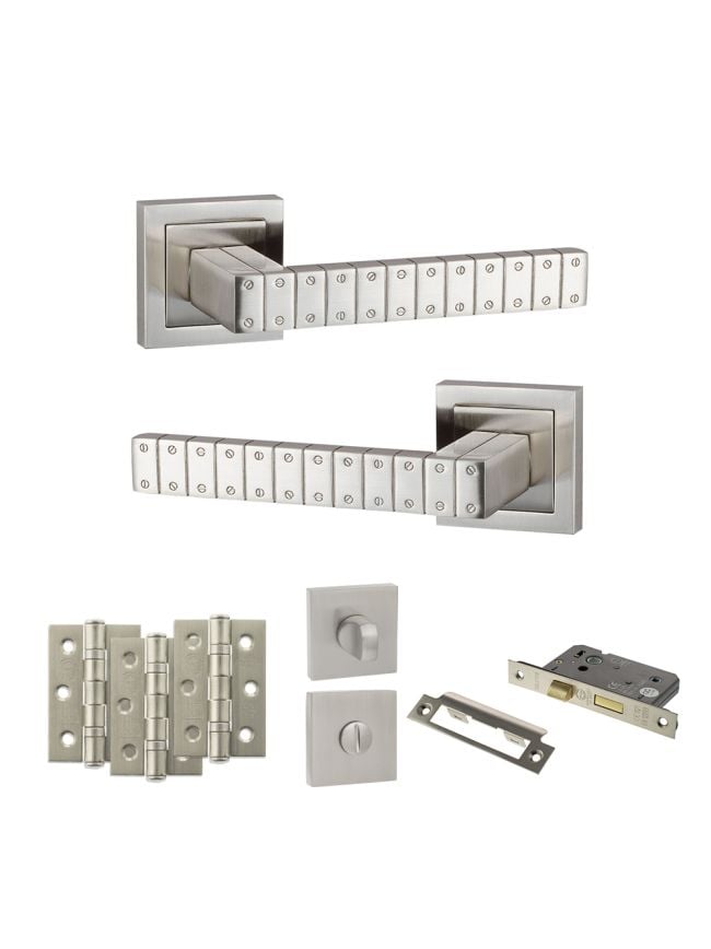 Senza Pari Bianca Door Handle Pack (Bathroom Set - 3" CE Bathroom Lock, 3" Fire Rated Hinges x3) - Satin Nickel