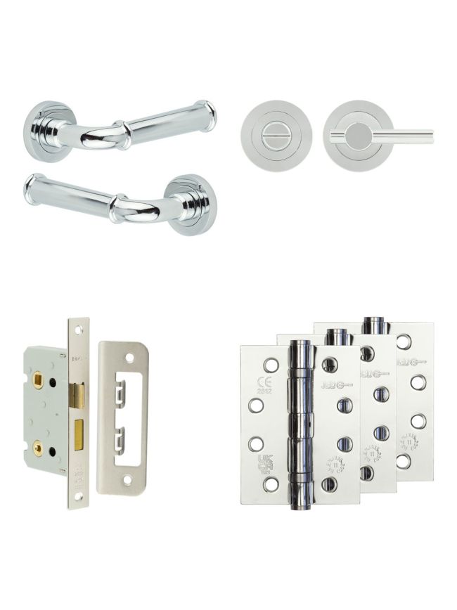 Complete Classic Door Handle Pack - Bathroom Lock (Plain Thumb Turn) - Polished Chrome - 65mm / 4-inch Hinges - JE-A5A2-PC