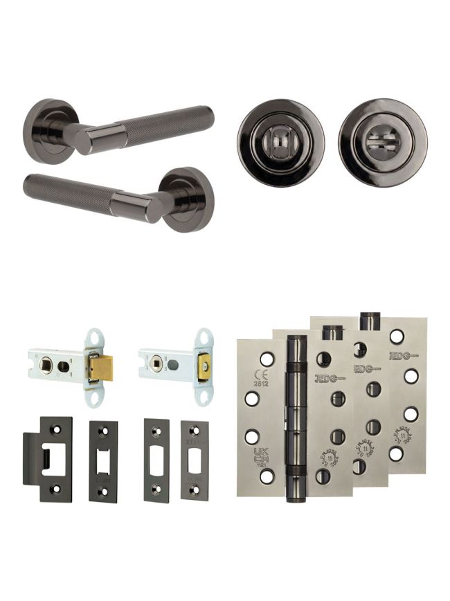 Complete Bari Door Handle Pack - Heavy Duty Tubular Bathroom (Standard Thumb Turn) - Black Nickel - 64mm / 4-inch Hinges - JE-D30A3-BN