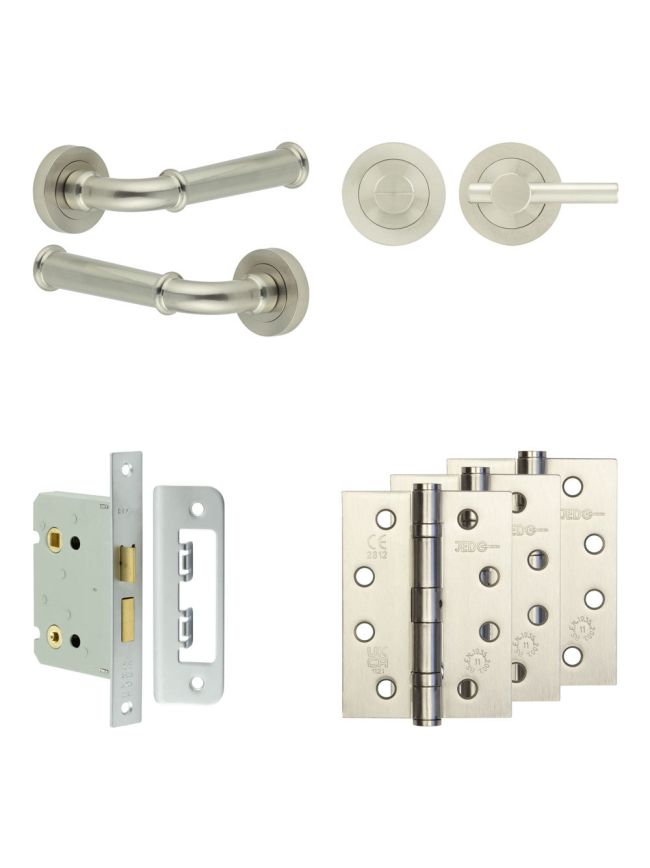 Complete Classic Door Handle Pack - Bathroom Lock (Plain Thumb Turn) - Satin Nickel - 76mm / 4-inch Hinges - JE-A6A2-SN