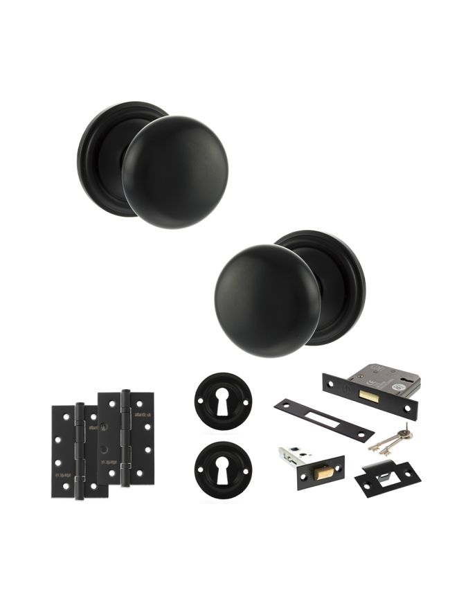 Old English Harrogate Door Knob Pack (Lock Set - 3" Latch & Deadlock, 4" Slim Knuckle Hinges x2) - Matt Black
