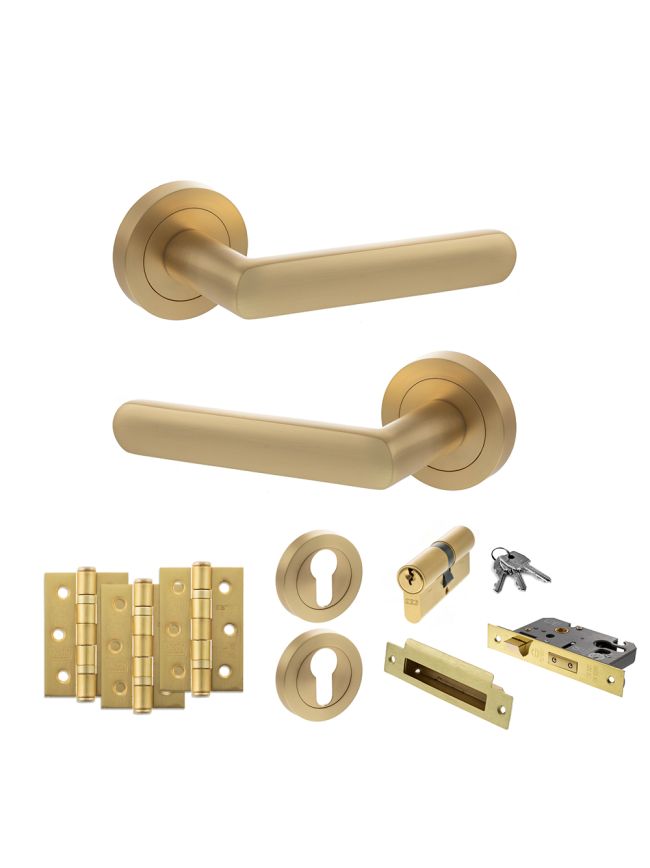 STATUS Carolina Door Handle Pack (Euro Lock Set - 3" CE Sashlock, 3" Fire Rated Hinges x3) - Satin Brass
